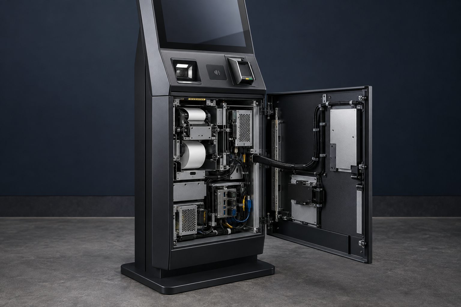 Konzeptdarstellung eines geöffneten Kioskgehäuses mit integrierten Hardwarekomponenten